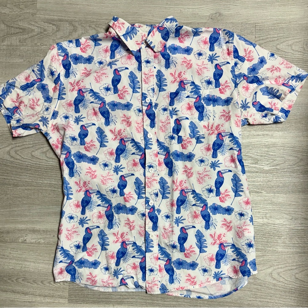 Tipsy Elves Tropical Blue and Pink Toucan Print Men's Shirt